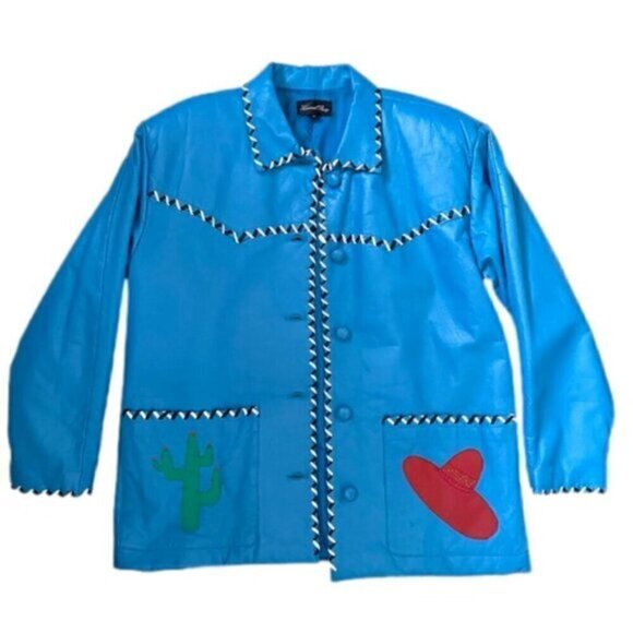 Vintage 80s Hannah Pang Blue Patchwork Leather Southwestern Jacket - M/L - Picture 12 of 14
